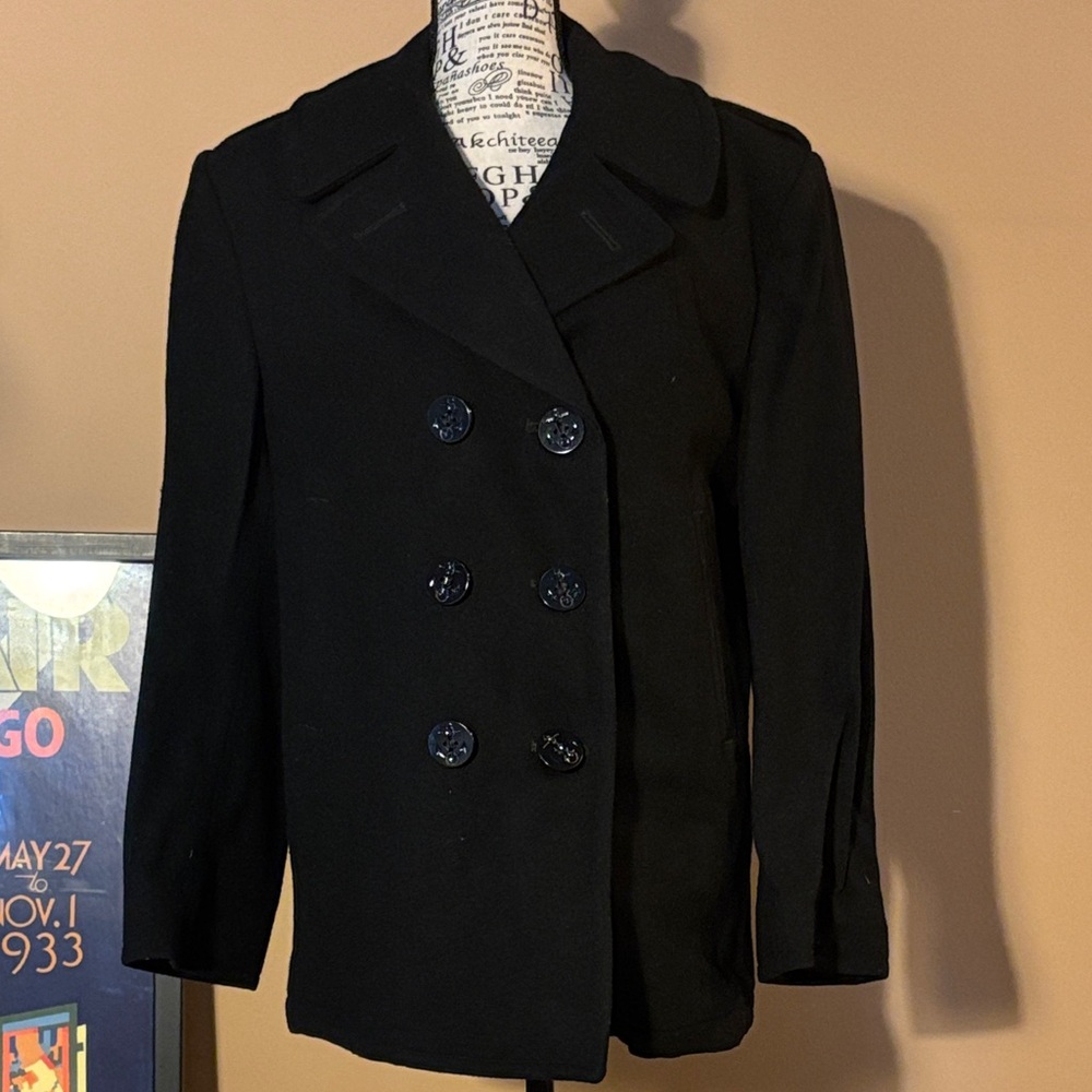 Authentic Quarterdeck peacoat. 
Elegant Black Double-Breasted coat.